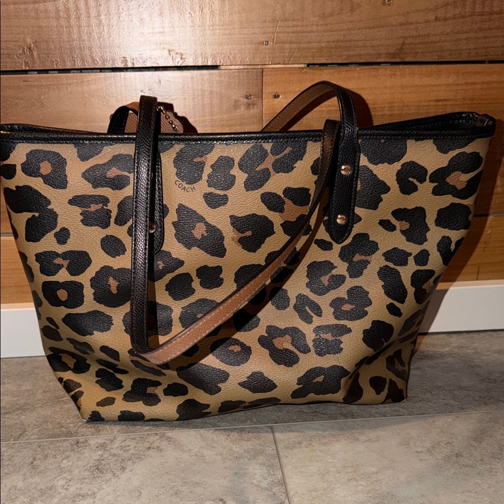 Coach Tan and Black Leopard Print Tote - Picture 3 of 6